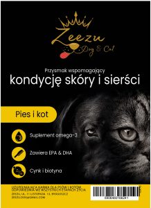 etykieta przysmaku dla psa lub kota wspomagającego kondycję skóry i sierści Zeezu Dog and Cat