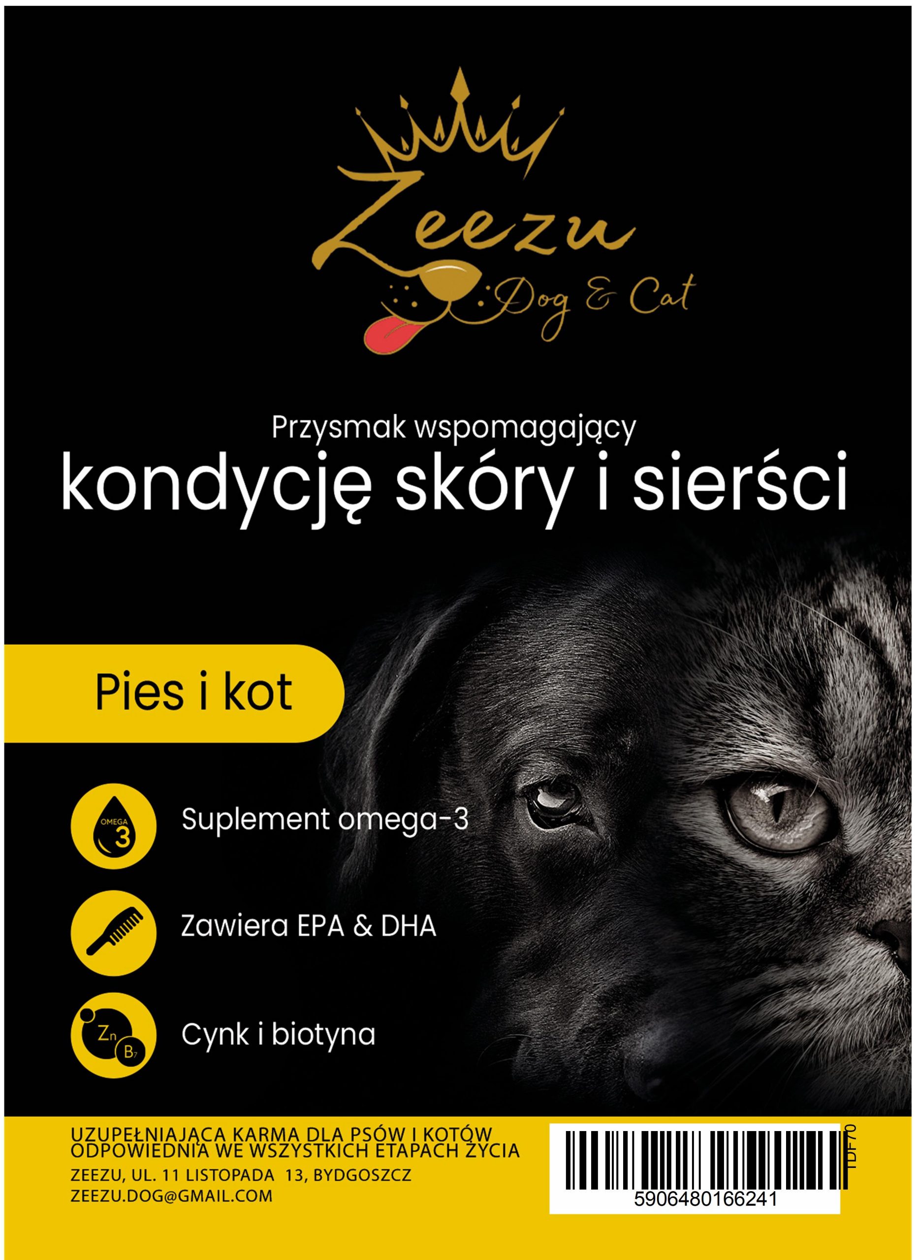 etykieta przysmaku dla psa lub kota wspomagającego kondycję skóry i sierści Zeezu Dog and Cat