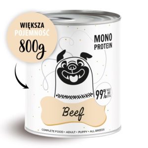Puszka karmy dla psów z wołowiną monobiałkowej o pojemności 800g z grafiką psa na etykiecie.
