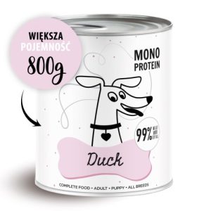 Puszka karmy dla psów z kaczką o pojemności 800g z rysunkiem psa na etykiecie.