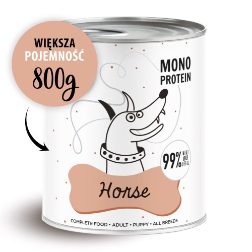 Puszka karmy dla psów monoproteinowa o smaku koniny, pojemność 800g, z rysunkiem psa na etykiecie.