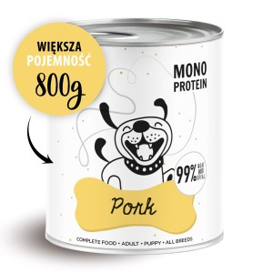Puszka karmy dla psów o pojemności 800g z mięsem wieprzowym monobiałkowa, z grafiką psa na etykiecie.