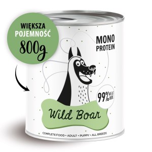 Puszka karmy dla psów o smaku dzika, zawierająca 99% mięsa, z grafiką psa na etykiecie.