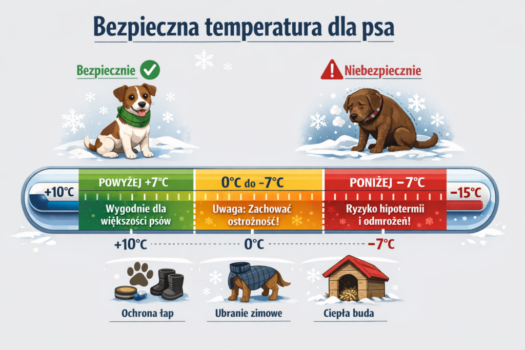 blog fika town bezpieczna temperatura psa w zimie Infografika pokazująca bezpieczne i niebezpieczne temperatury dla psa w zimie, wraz z poradami dotyczącymi ubrań i budy.
